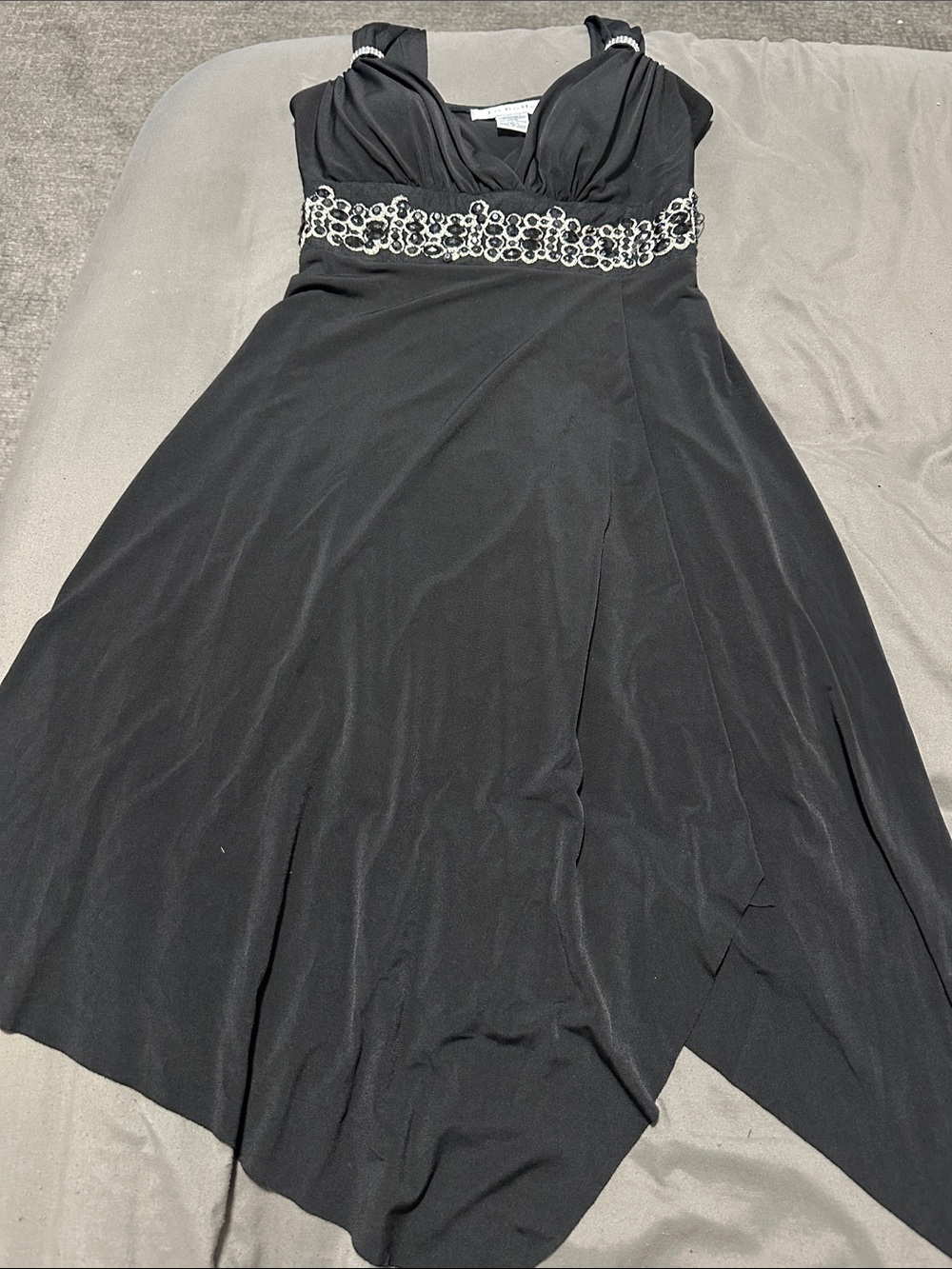 La Belle Black High-Low Evening Dress with Jeweled Waist